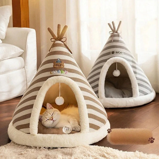 Self Warming Cat Bed Winter Warm Plush Tent House with Removable