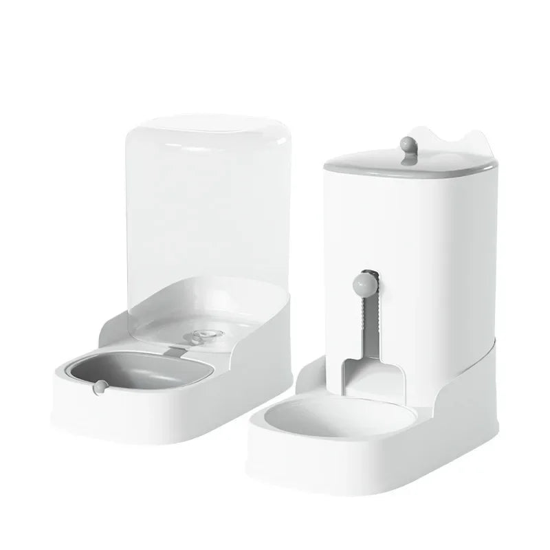 Cat and Dog Feeder Pet Water Dispenser Cat Food Bowl Large white unit clean side view