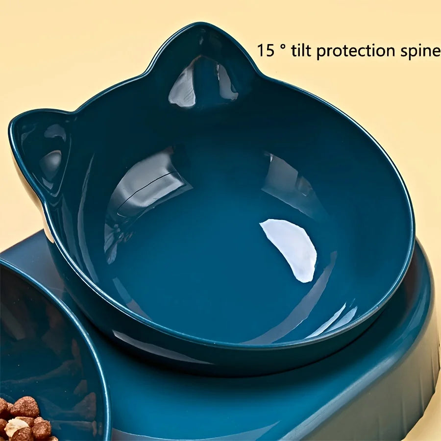 Pet Bowls Water Feeder 3 in 1 Tilted Cat dark teal bowl closeup with food yellow background
