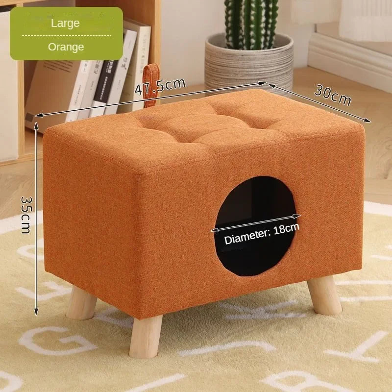 Solid Wood Cat Nest Stool – Portable Semi-Enclosed Pet Furniture with Soft Cushion
