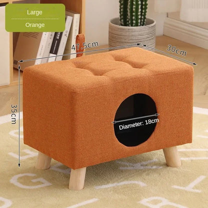 Solid Wood Cat Nest Stool – Portable Semi-Enclosed Pet Furniture with Soft Cushion