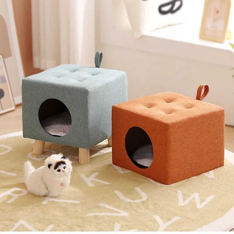 Solid wood cat nest stool portable semi-enclosed pet furniture with soft cushion