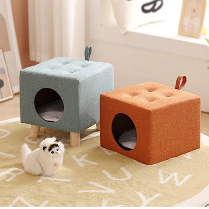 Solid wood cat nest stool portable semi-enclosed pet furniture with soft cushion