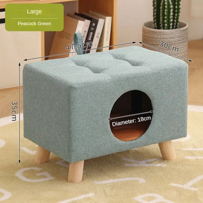 Solid Wood Cat Nest Stool – Portable Semi-Enclosed Pet Furniture with Soft Cushion