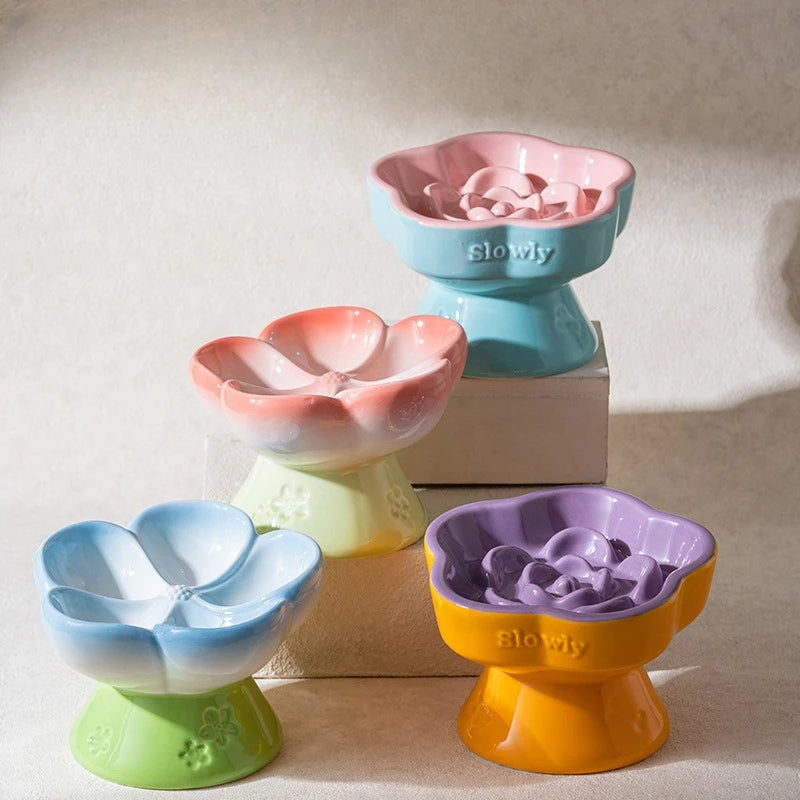 Pet Slow Feeders Food Bowl High Footed Ceramic Cat blue green bowl single product shot