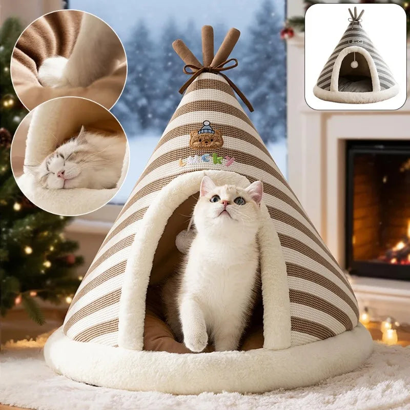 Self Warming Cat Bed – Plush Winter Tent House with Removable Washable Cushion