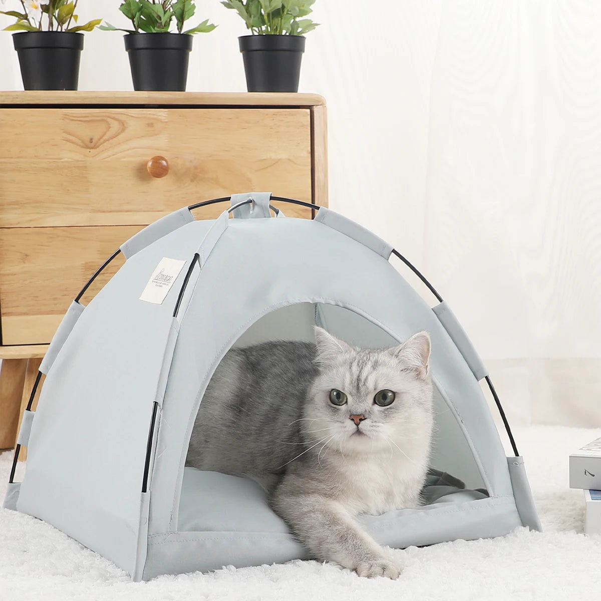 Pet Tent Bed Cats House Supplies Accessories Warm gray tent cat inside lifestyle closeup