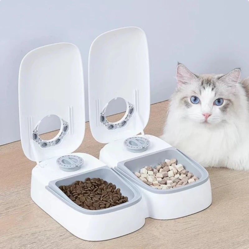 Automatic Pet Food Dispenser Bowl Timer Cooling white unit with cat lifestyle shot