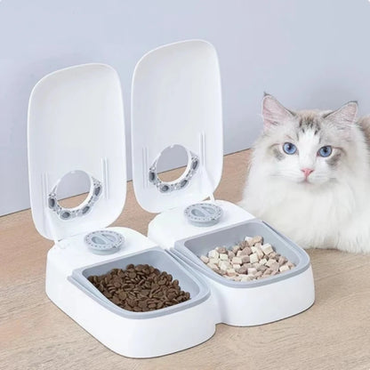 Automatic Pet Food Dispenser Bowl Timer Cooling white unit with cat lifestyle shot