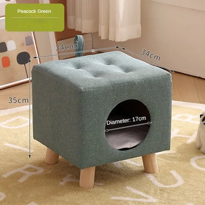 Solid Wood Cat Nest Stool – Portable Semi-Enclosed Pet Furniture with Soft Cushion