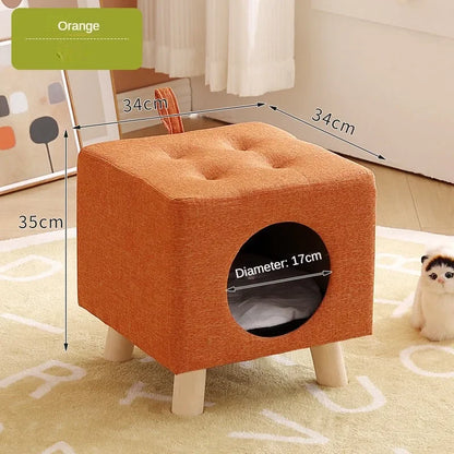 Solid Wood Cat Nest Stool – Portable Semi-Enclosed Pet Furniture with Soft Cushion