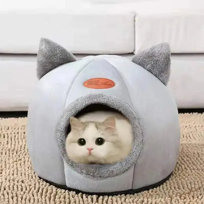 Cat head shape cosy warm enclosed cat house for indoor cats four seasons