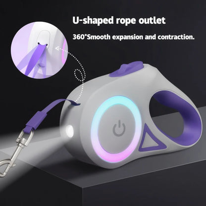 Pet leash trainer with U-shaped rope outlet and 360-degree smooth expansion and contraction feature.