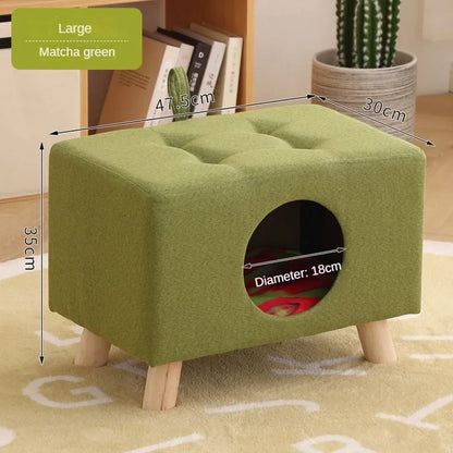 Solid Wood Cat Nest Stool – Portable Semi-Enclosed Pet Furniture with Soft Cushion