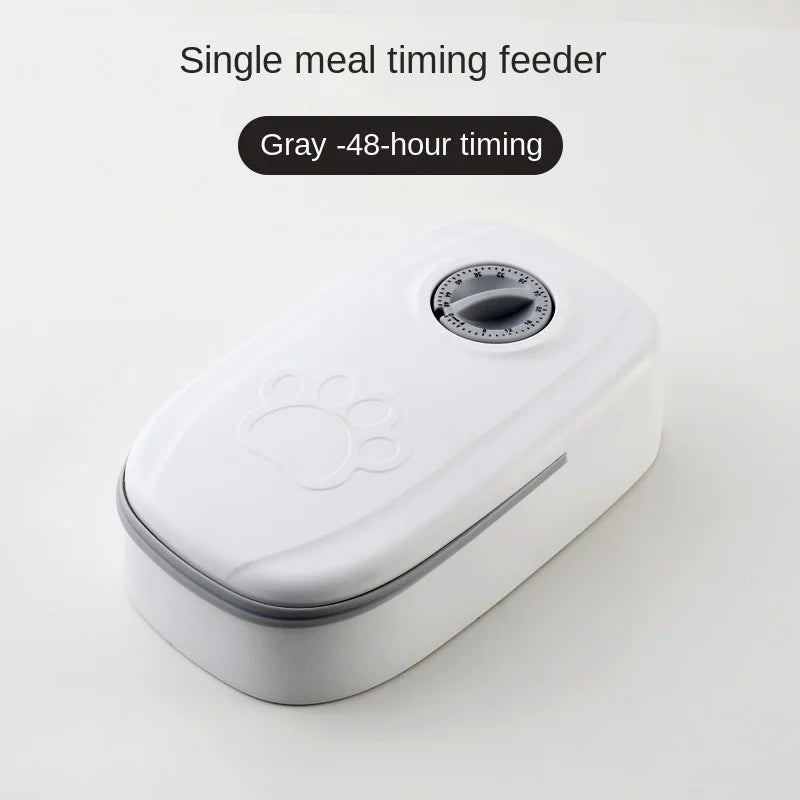 Automatic Pet Food Dispenser Bowl Timer Cooling white unit flat lay features infographic