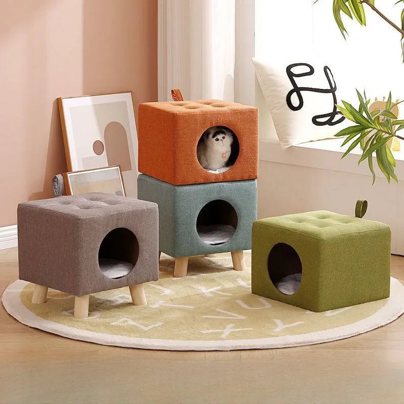 Solid Wood Cat Nest Stool – Portable Semi-Enclosed Pet Furniture with Soft Cushion