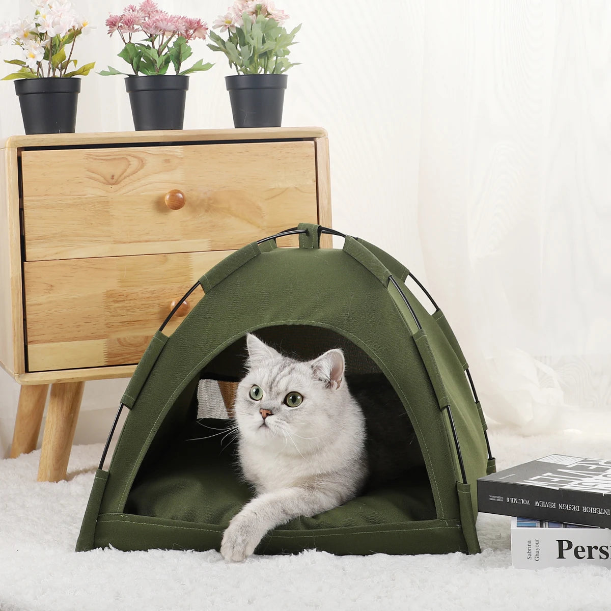 Pet Tent Bed Cats House Supplies Accessories Warm dark green tent cat peeking out