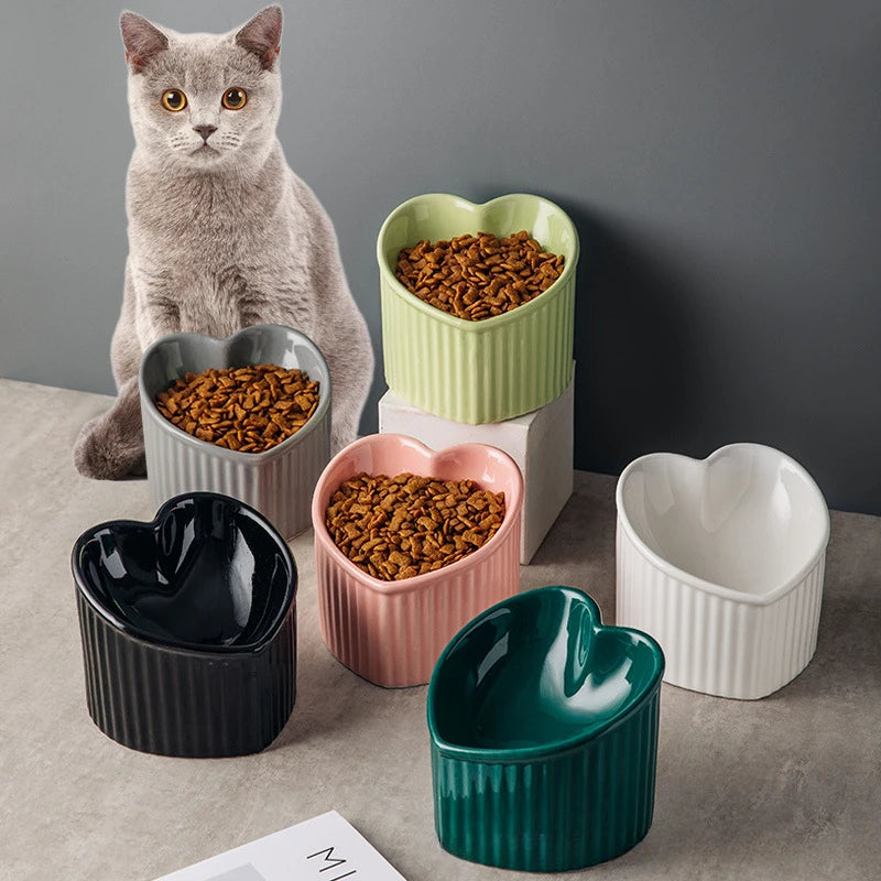 Slanted Ceramic Cat Bowl Stand Anti Tip Elevated white and teal set lifestyle dark background