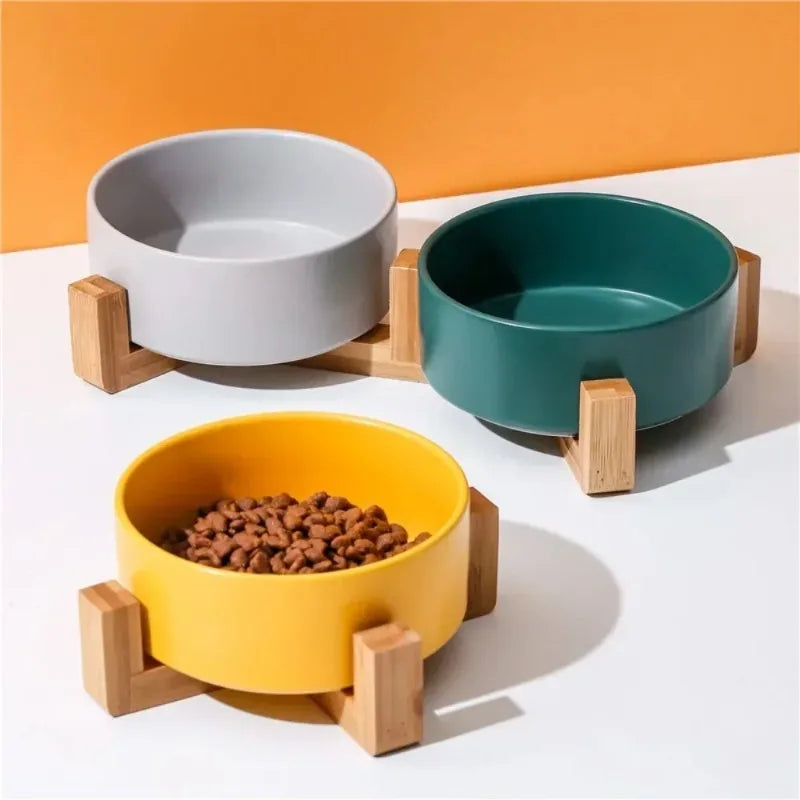 Cat Bowl Double Bowl Water Bowl High Foot Dog Bowl yellow gray set orange background