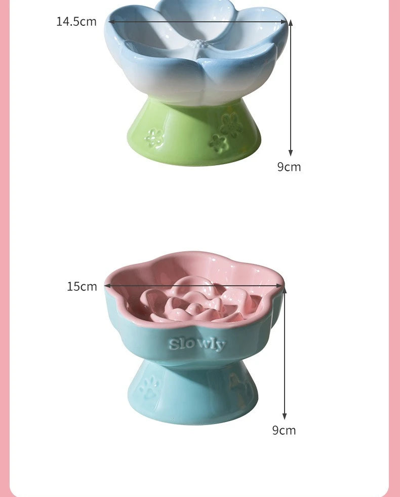Pet Slow Feeders Food Bowl High Footed Ceramic Cat blue and pink group lifestyle shot