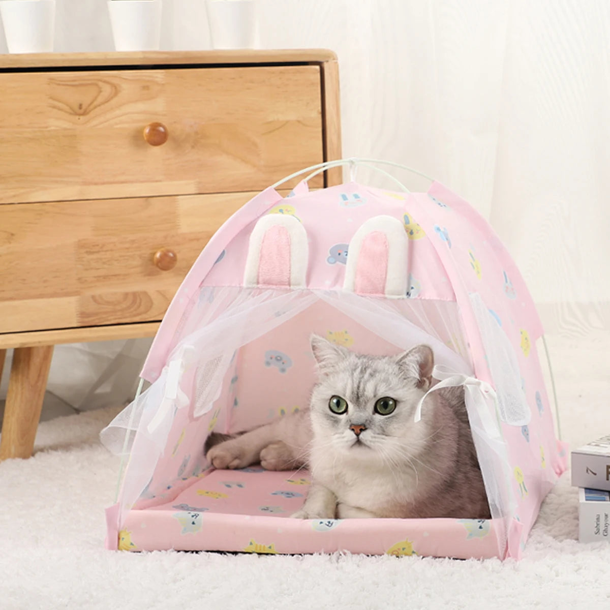 Pet Tent Bed Cats House Supplies Accessories Warm pink fringe tent cat inside lifestyle