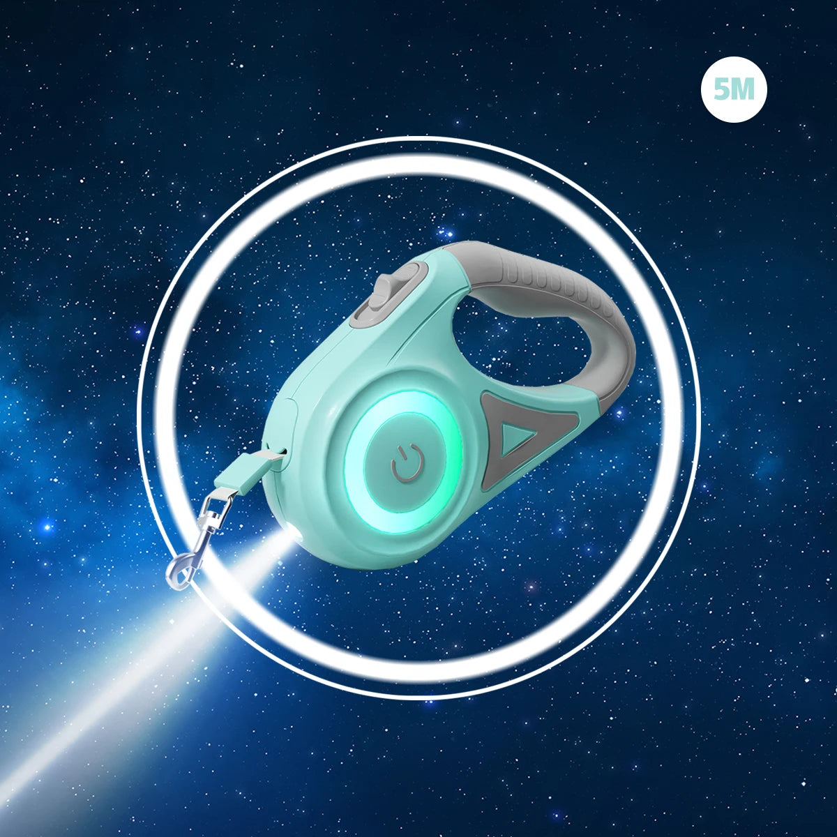 Retractable dog leash with glowing light effect on a starry space background