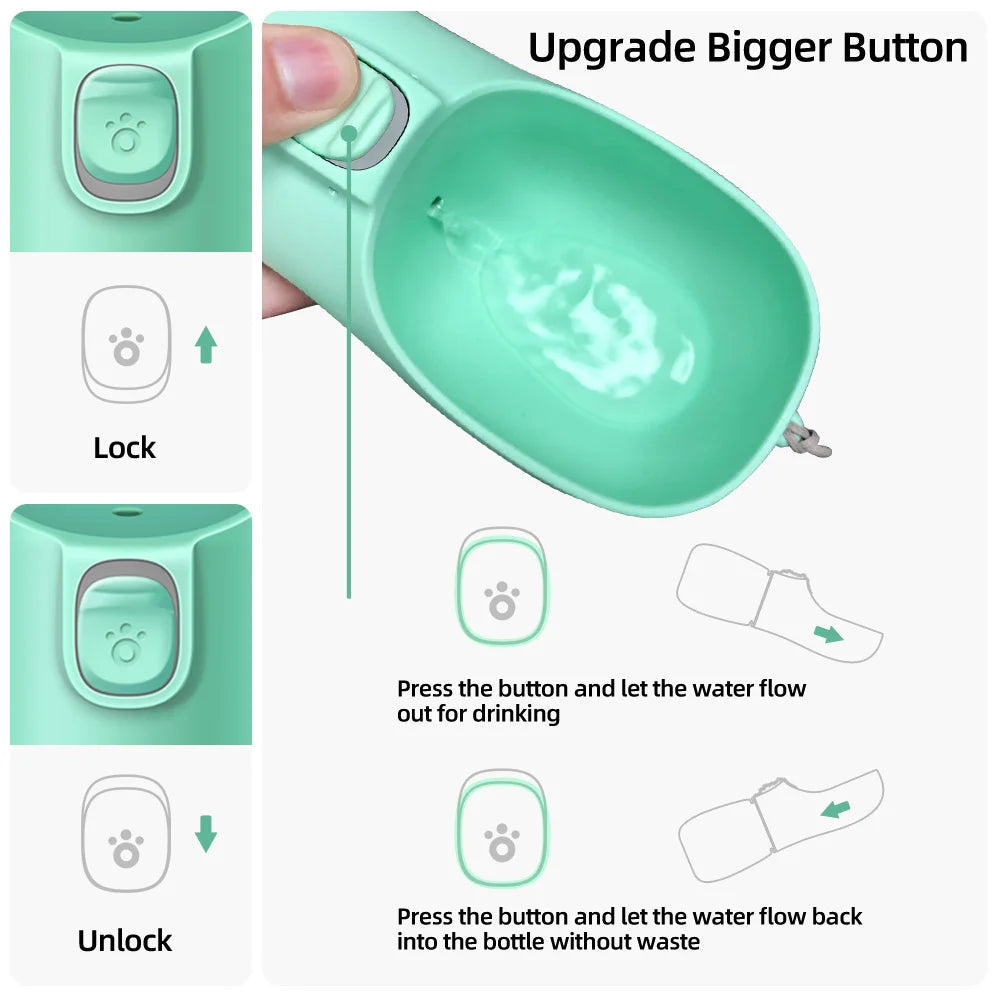Portable Dog Water Bottle Small Large Dogs Cat features and dimensions infographic