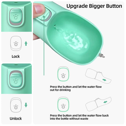 Portable Dog Water Bottle Small Large Dogs Cat features and dimensions infographic