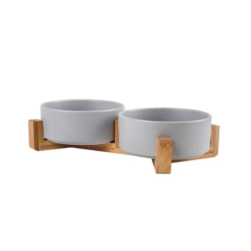 Cat Bowl Double Bowl Water Bowl High Foot Dog Bowl gray double bowl stand side view