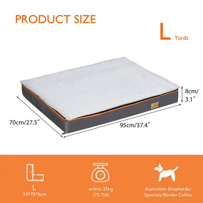 Dog bed with dimensions and weight capacity information on an orange background