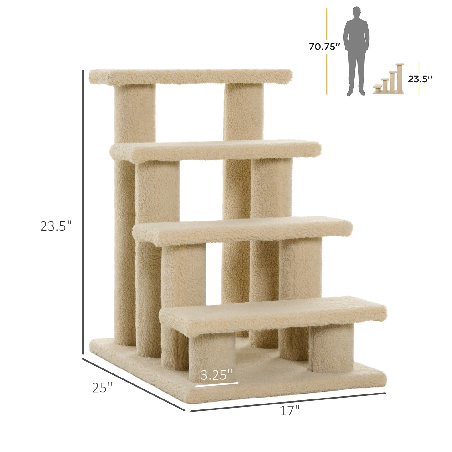 4-Step Carpeted Cat Scratching Post & Pet Stairs – Cream White