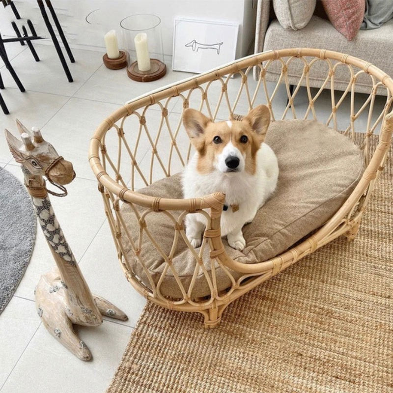 Handmade Rattan Woven Pet Bed Sofa – Natural Dog & Cat Nest