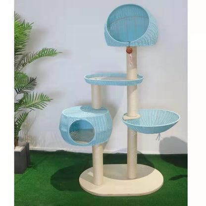Integrated Multi-Layer Solid Wood Cat Tree – Rattan Cat Climbing Frame