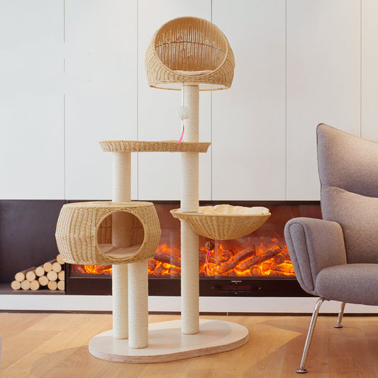 Integrated multi-layer solid wood cat tree rattan climbing frame in apricot