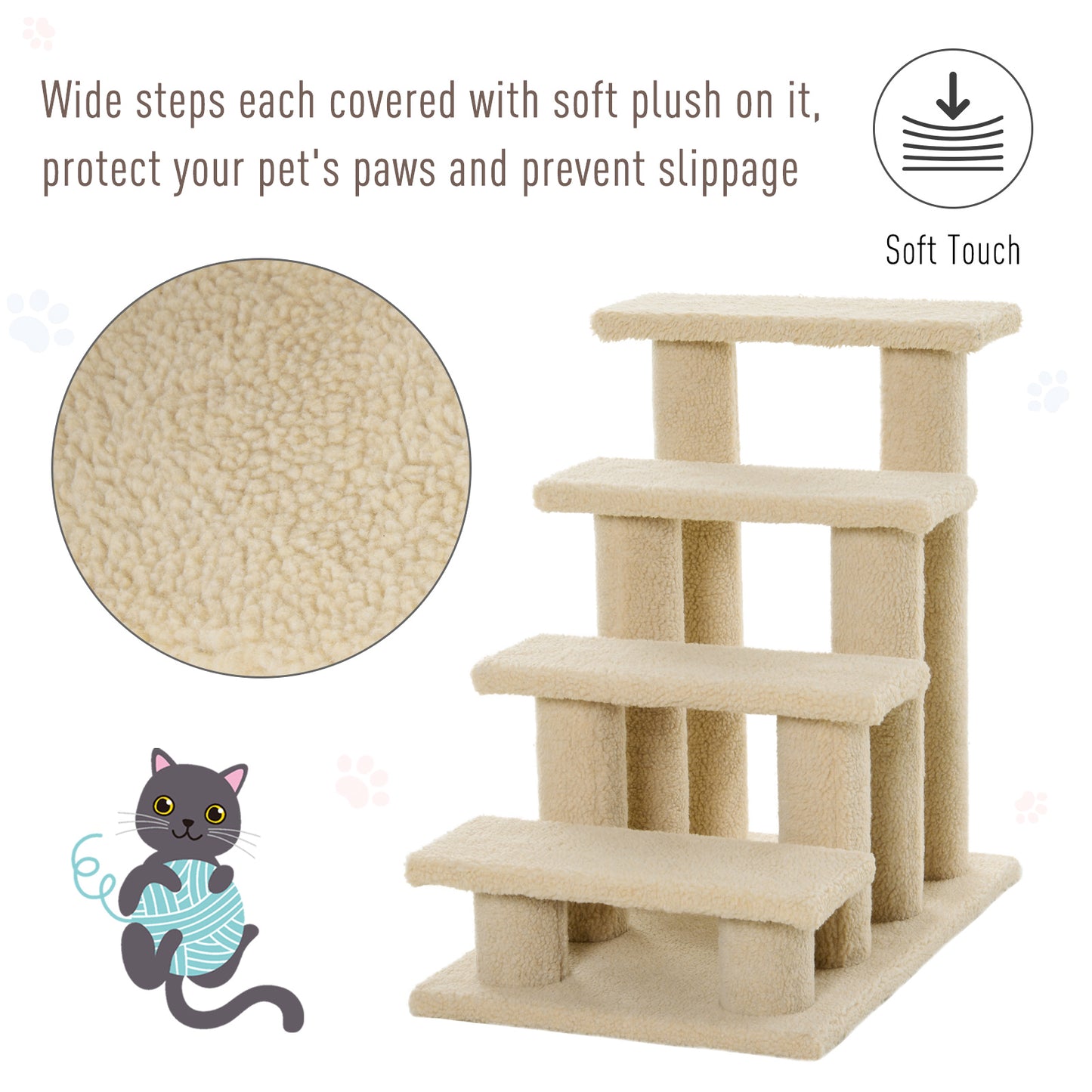 4-Step Carpeted Cat Scratching Post & Pet Stairs – Cream White
