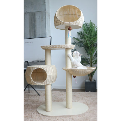 Integrated Multi-Layer Solid Wood Cat Tree – Rattan Cat Climbing Frame