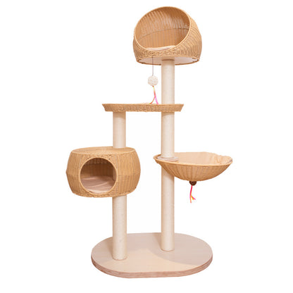 Integrated Multi-Layer Solid Wood Cat Tree – Rattan Cat Climbing Frame