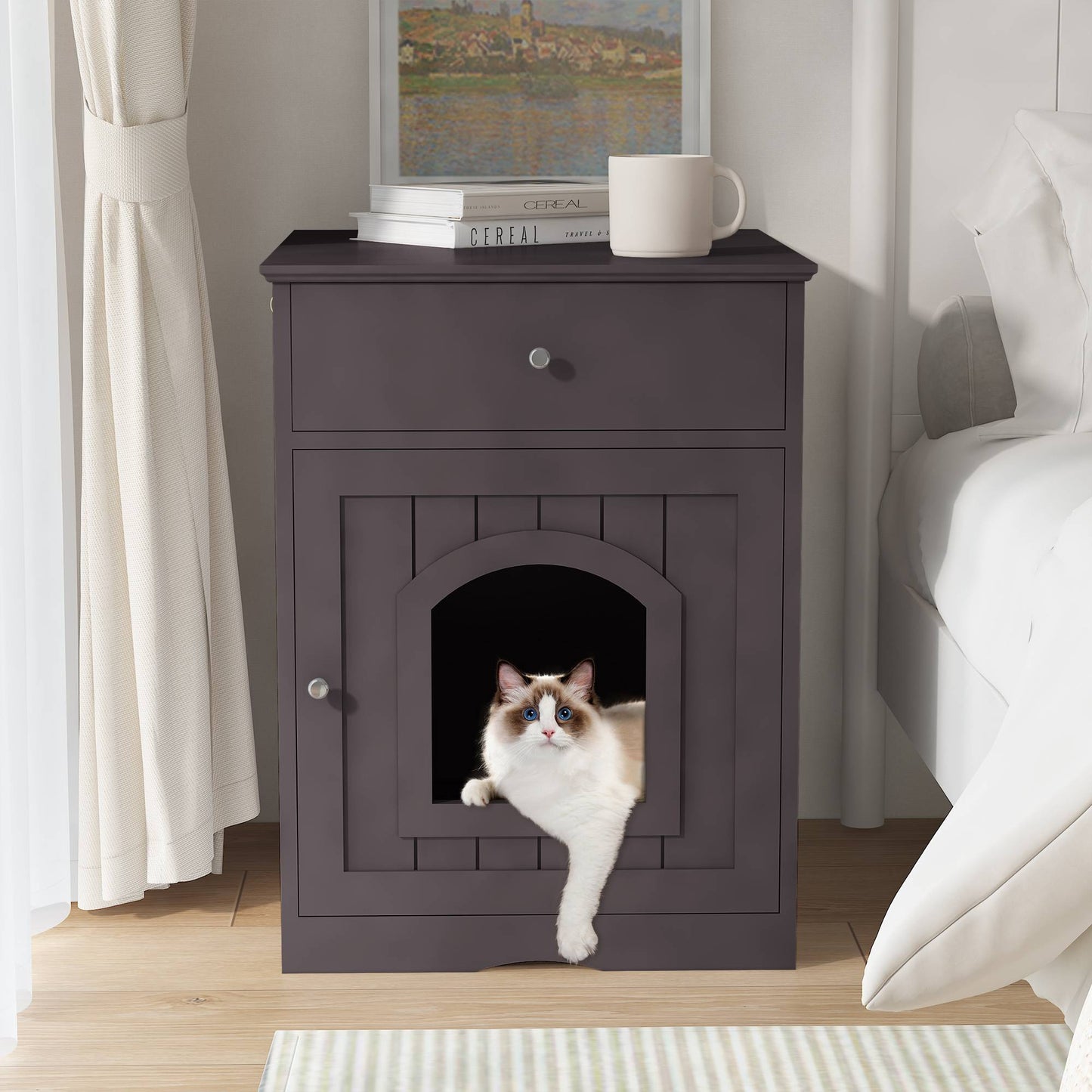 North and Paws Wooden Pet House Cat Litter Box Enclosure With Drawer