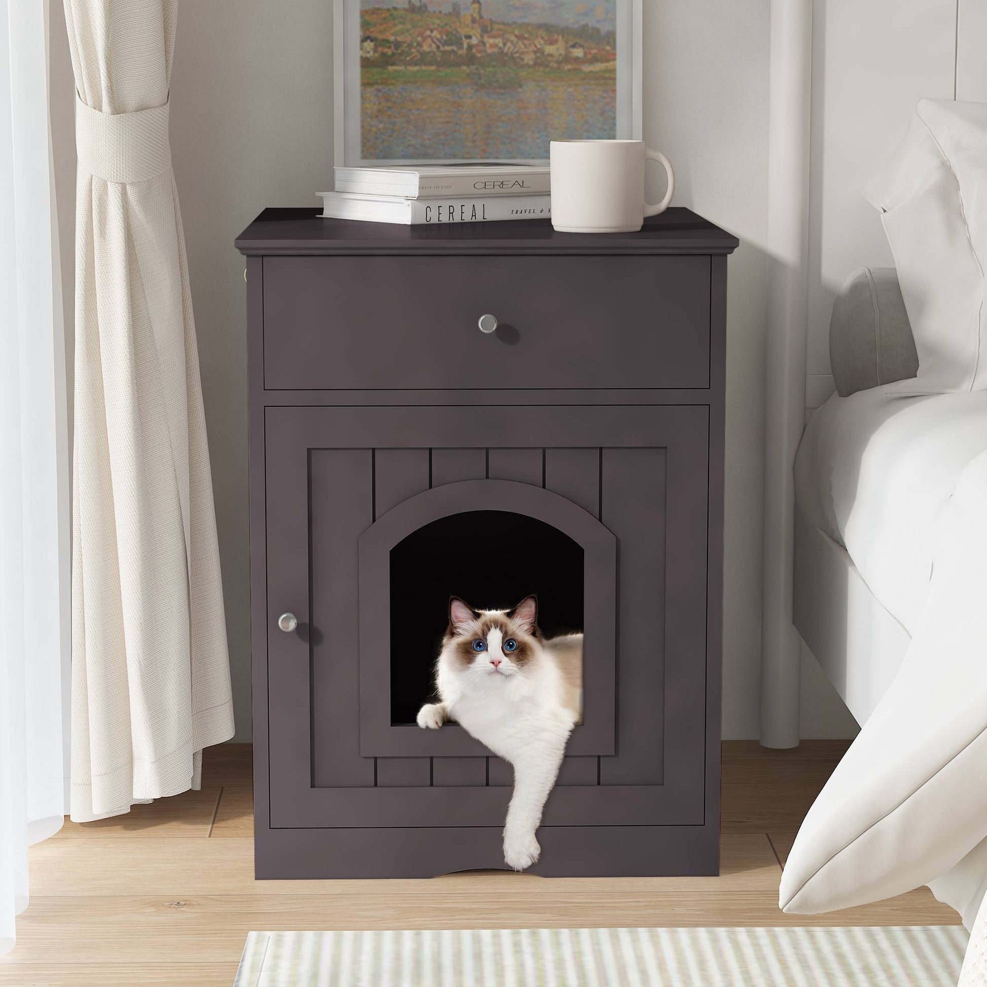 North and Paws Wooden Pet House Cat Litter Box Enclosure With Drawer