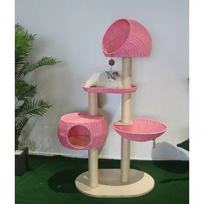 Integrated Multi-Layer Solid Wood Cat Tree – Rattan Cat Climbing Frame